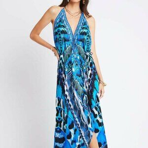 NWT Womens Czarina Blue Black Multicolor Wild Feathers 3-Way Maxi Halter Dress M